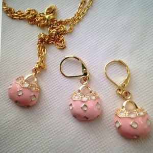 Pink Enamel Purse Necklace and Earrings Set